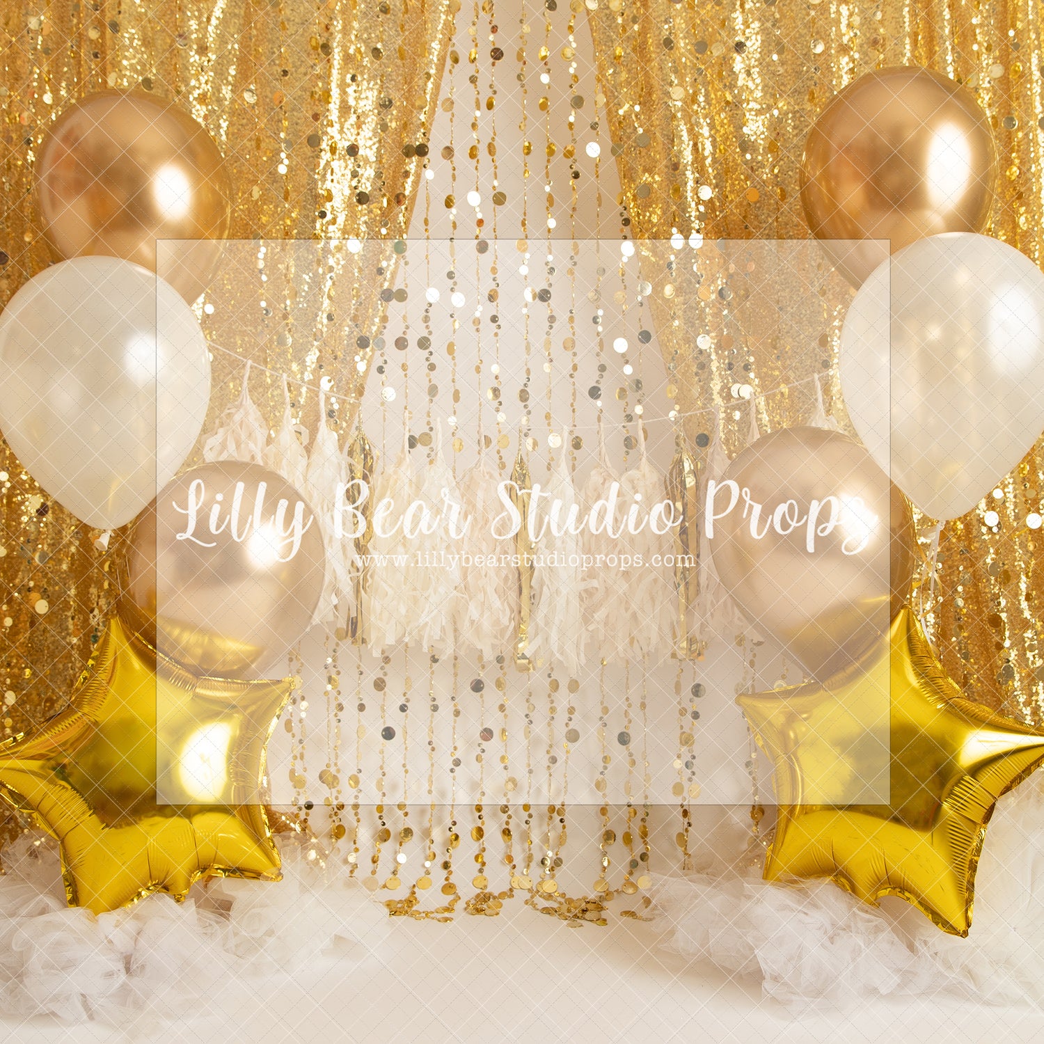 Gold Fiesta - Lilly Bear Studio Props, balloons, birthday, boy birthday, clouds, gold, gold balloons, gold beaded curtains, gold beads, gold curtains, gold star, gold stars, one, royal, royalty, stars, tassles, white balloons