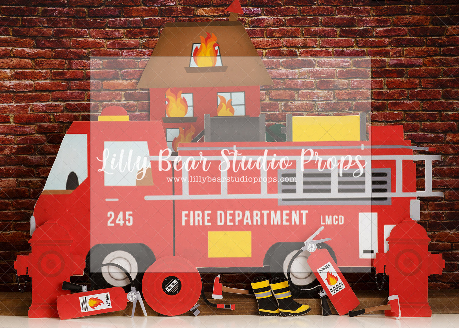 Fire Department - Lilly Bear Studio Props, axe, Fabric, fire, fire chief, fire extinguisher, fire hose, fire hydrant, fire station, fire truck, firefighters, fireman, fireman hat, Wrinkle Free Fabric