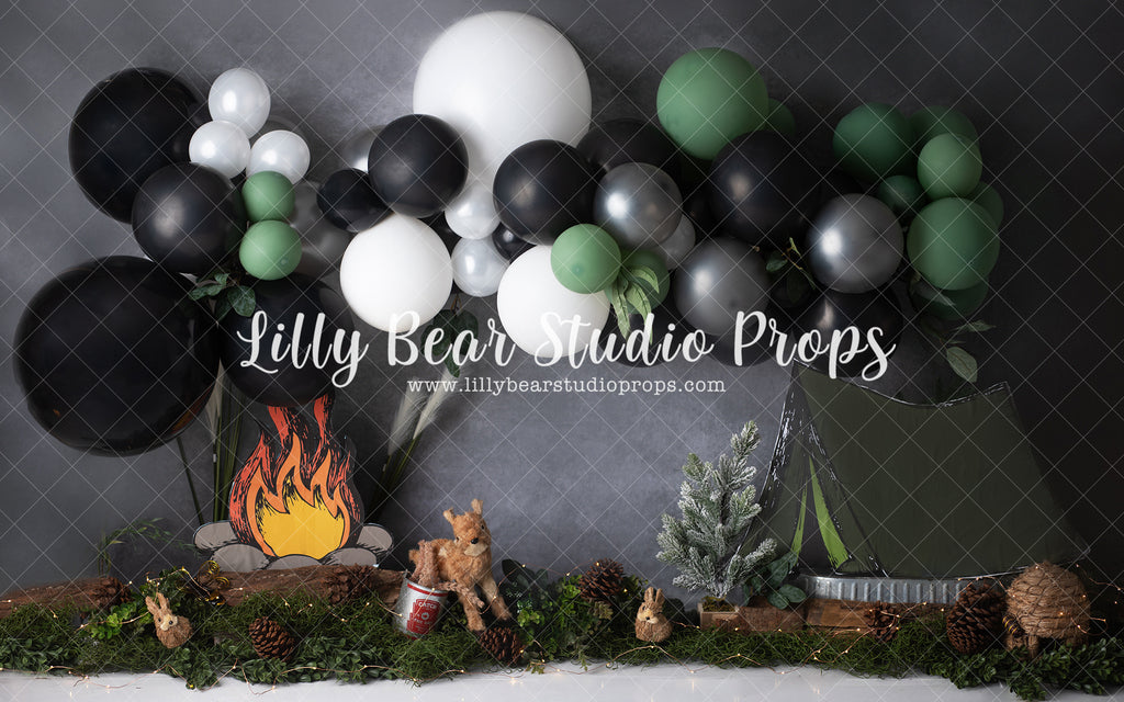 Fireside Camping - Lilly Bear Studio Props, dark forest, fabric, forest, green forest, moon, pine forest, pine trees, poly, starry sky, vinyl, winter forest, woodland, woodland forest