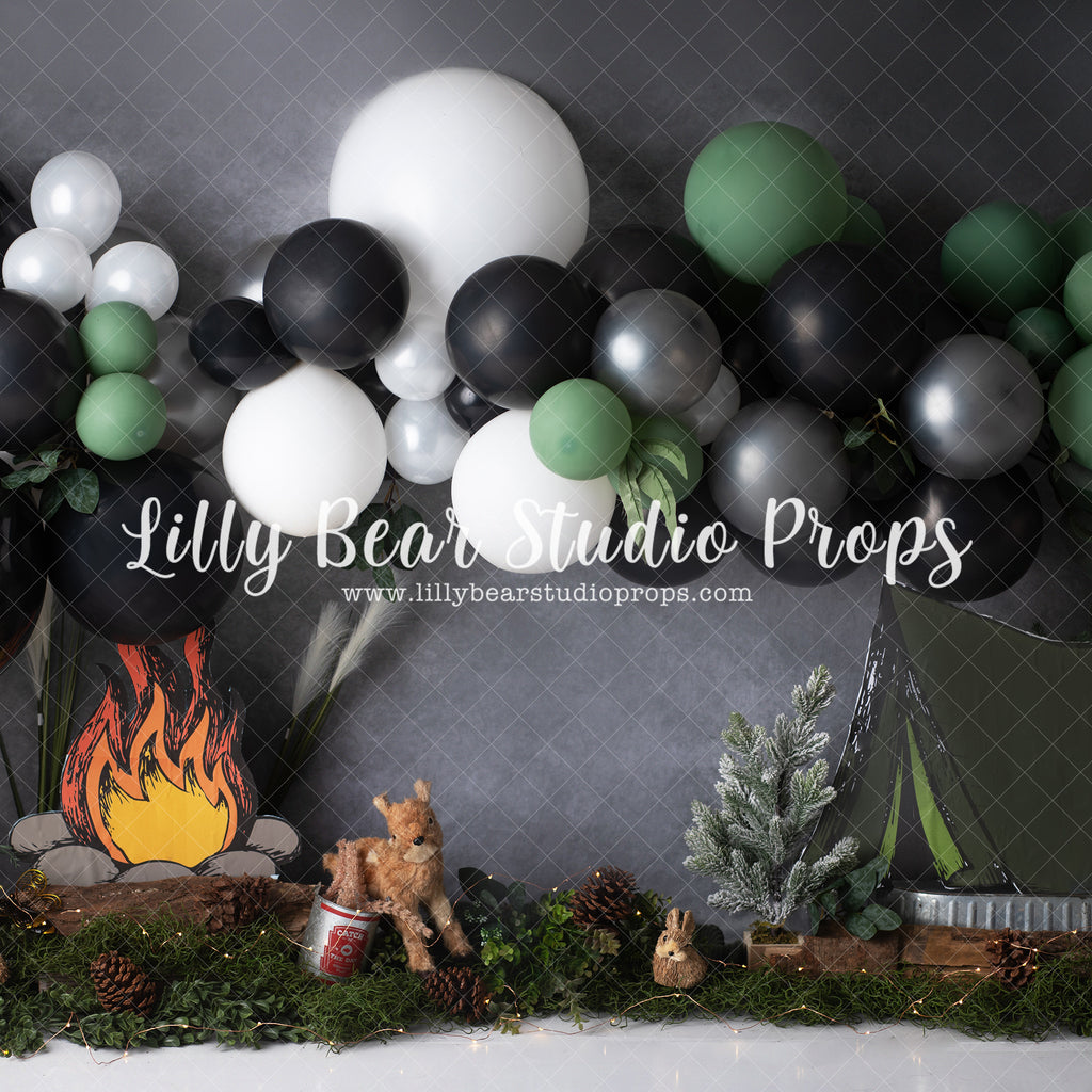 Fireside Camping - Lilly Bear Studio Props, dark forest, fabric, forest, green forest, moon, pine forest, pine trees, poly, starry sky, vinyl, winter forest, woodland, woodland forest