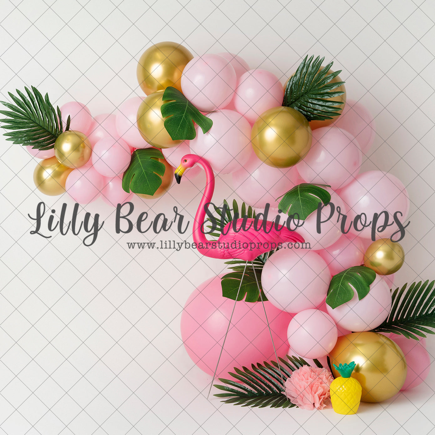 Flaming Flamingo Fiesta - Lilly Bear Studio Props, balloon rainbow, flamingo, flamingo floral, flamingo flowers, flamingo jungle, flamingos, glitter rainbow, gold rainbow, hawaiian flamingo, palm leaves, pastel rainbow, pink balloons, pink flamingo, pink rainbow