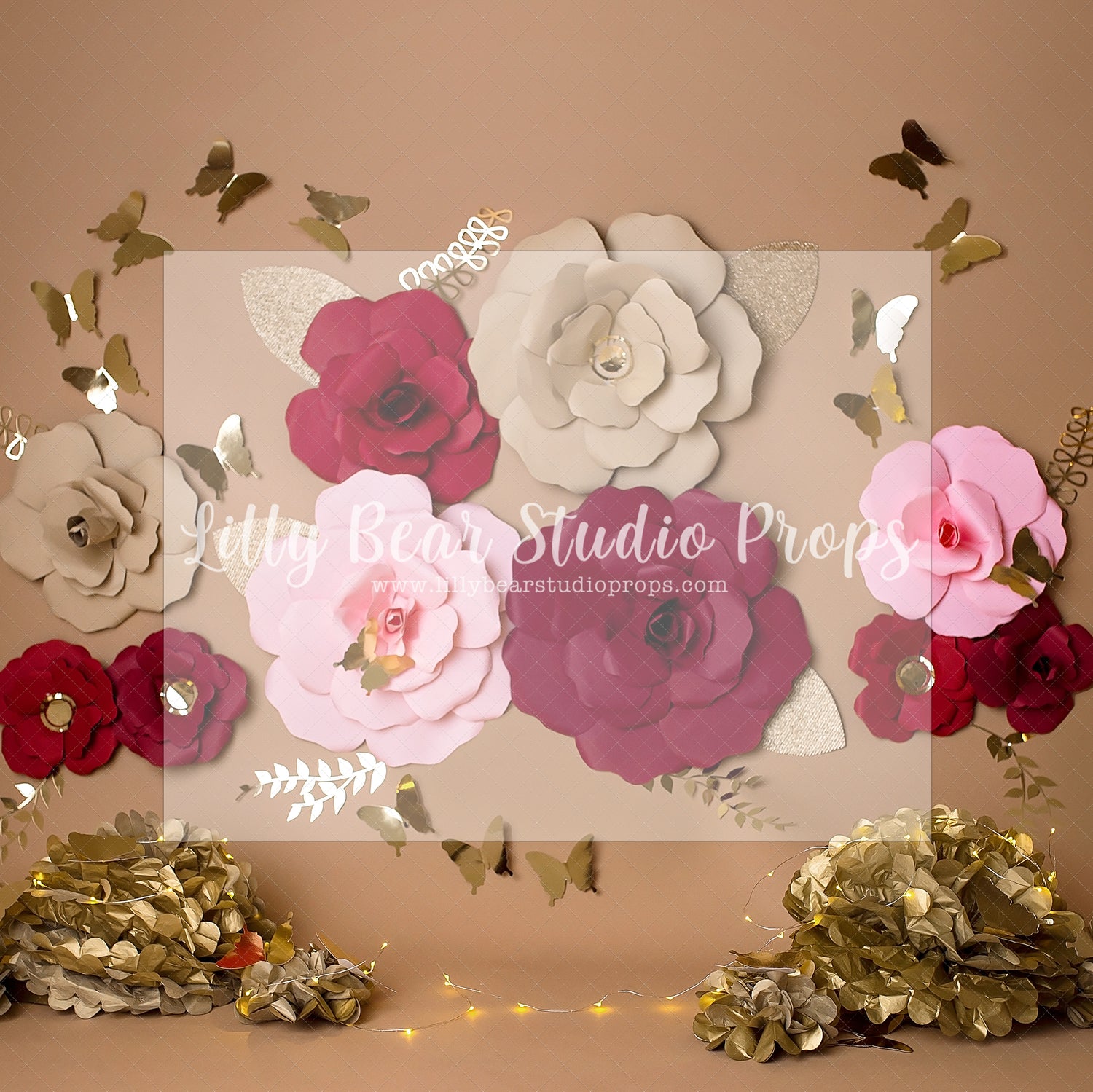 Floral Butterfly Gold - Lilly Bear Studio Props, Fabric, FABRICS, floral, floral boho, gold, gold butterflies, paper flower wall, paper flowers, red and gold, red roses, Wrinkle Free Fabric