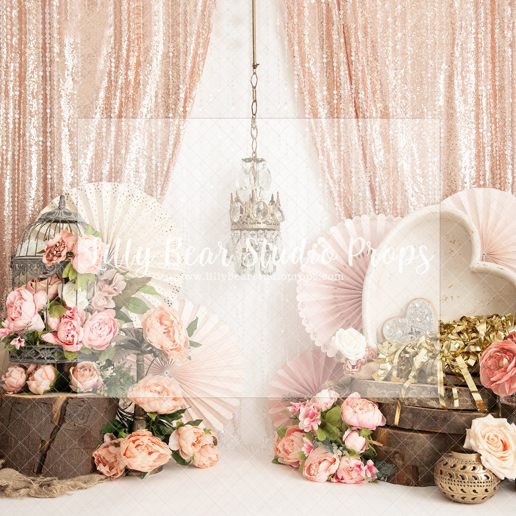 Floral Chandelier - Lilly Bear Studio Props, birthday girl, chandelier, confetti, cream fans, feathered fans, feathers, floral, floral hearts, gold beaded curtains, gold birthday, gold confetti, gold fans, gold glitter beads, gold one, greenery, hearts, one, paper fans, party fans, pink, pink birthday, pink curtains, pink fans, wood heart