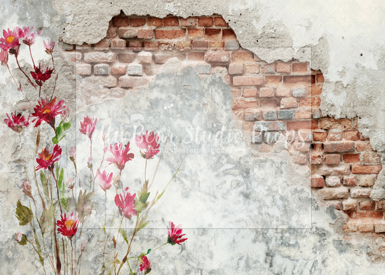 Floral Old Brick - Lilly Bear Studio Props, boho spring, brick, cherry blossoms, distressed brick, FABRICS, flower brick, flowers, spring, spring garden, spring mini, spring window