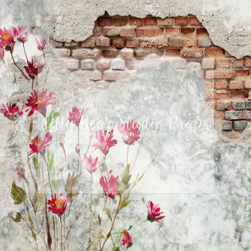 Floral Old Brick - Lilly Bear Studio Props, boho spring, brick, cherry blossoms, distressed brick, FABRICS, flower brick, flowers, spring, spring garden, spring mini, spring window