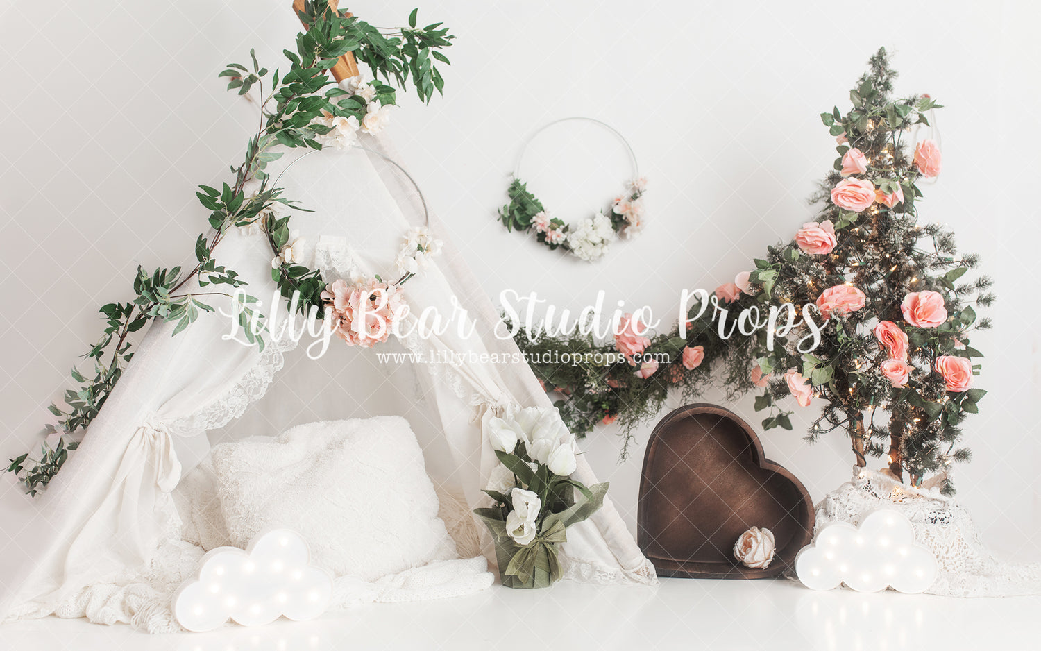 Floral Teepee Love - Lilly Bear Studio Props, artistic floral, boho rings, boho teepee, cream floral, dried floral, floral rings, flower, flower power, flower wall, paper flowers, pink flowers, rings, spring flowers, teepee