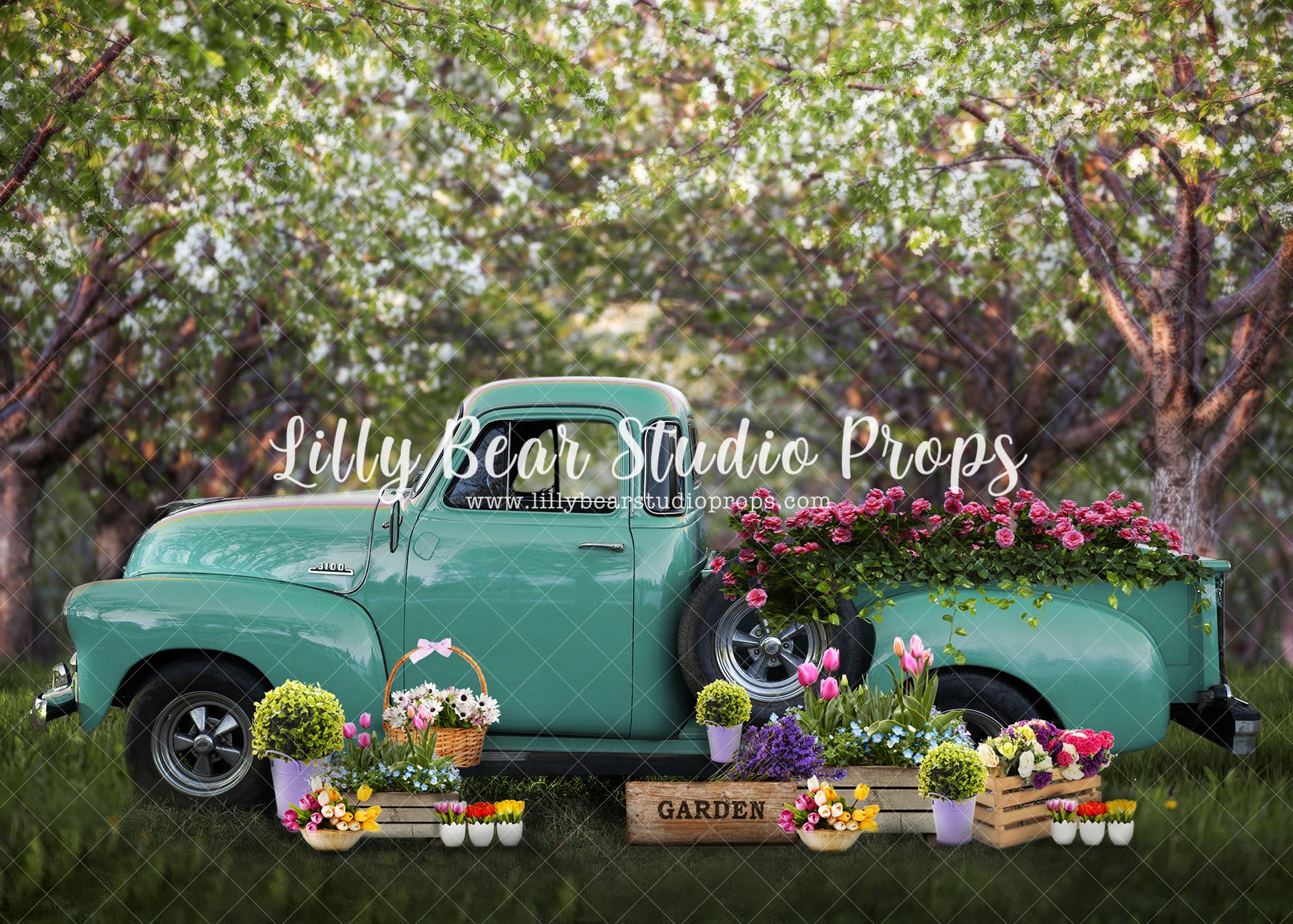 Florist Truck - Lilly Bear Studio Props, blooming flowers, blue pickup truck, bright flowers, fence, field of flowers, floral farm, floral truck, flower shop, pickup truck, spring, spring floral, spring flowers, summer, summertime, white fence