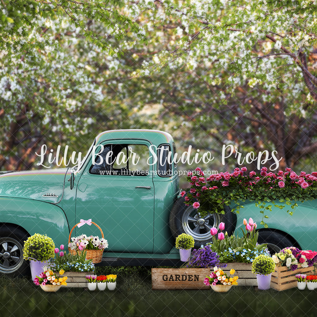 Florist Truck - Lilly Bear Studio Props, blooming flowers, blue pickup truck, bright flowers, fence, field of flowers, floral farm, floral truck, flower shop, pickup truck, spring, spring floral, spring flowers, summer, summertime, white fence