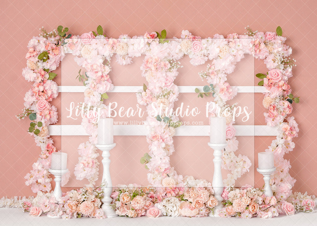 Blush Floral Window - Lilly Bear Studio Props, boho pink, dusty pink, fabric, fine art, floral, floral balloon garland, floral balloons, floral pink, girls, hand painted, pink and blue, pink floral, pink flower, pink flowers, poly, vinyl