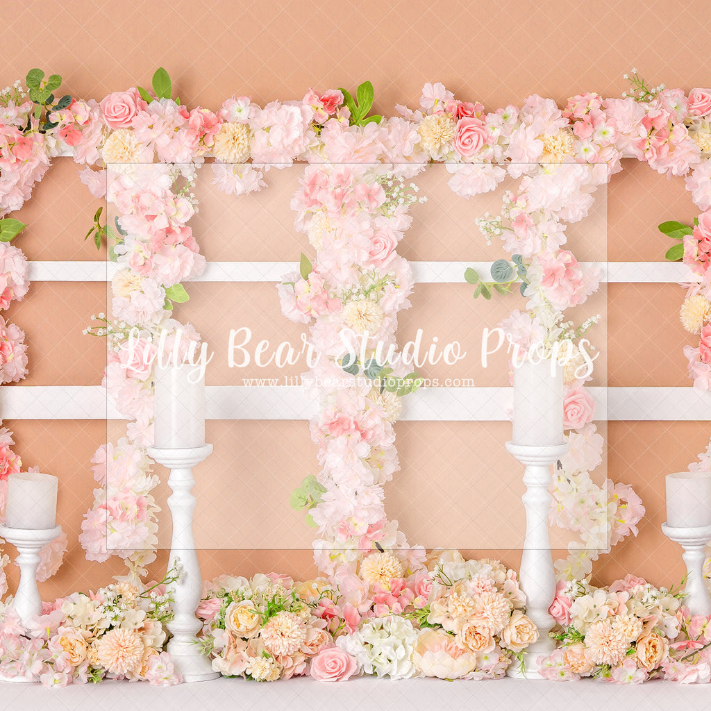 Peachy Floral Window - Lilly Bear Studio Props, boho pink, dusty pink, fabric, fine art, floral, floral balloon garland, floral balloons, floral pink, girls, hand painted, pink and blue, pink floral, pink flower, pink flowers, poly, vinyl