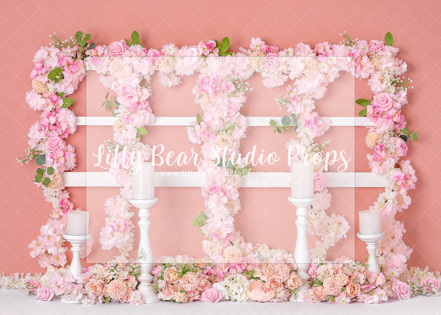Pink Floral Window - Lilly Bear Studio Props, boho pink, dusty pink, fabric, fine art, floral, floral balloon garland, floral balloons, floral pink, girls, hand painted, pink and blue, pink floral, pink flower, pink flowers, poly, vinyl