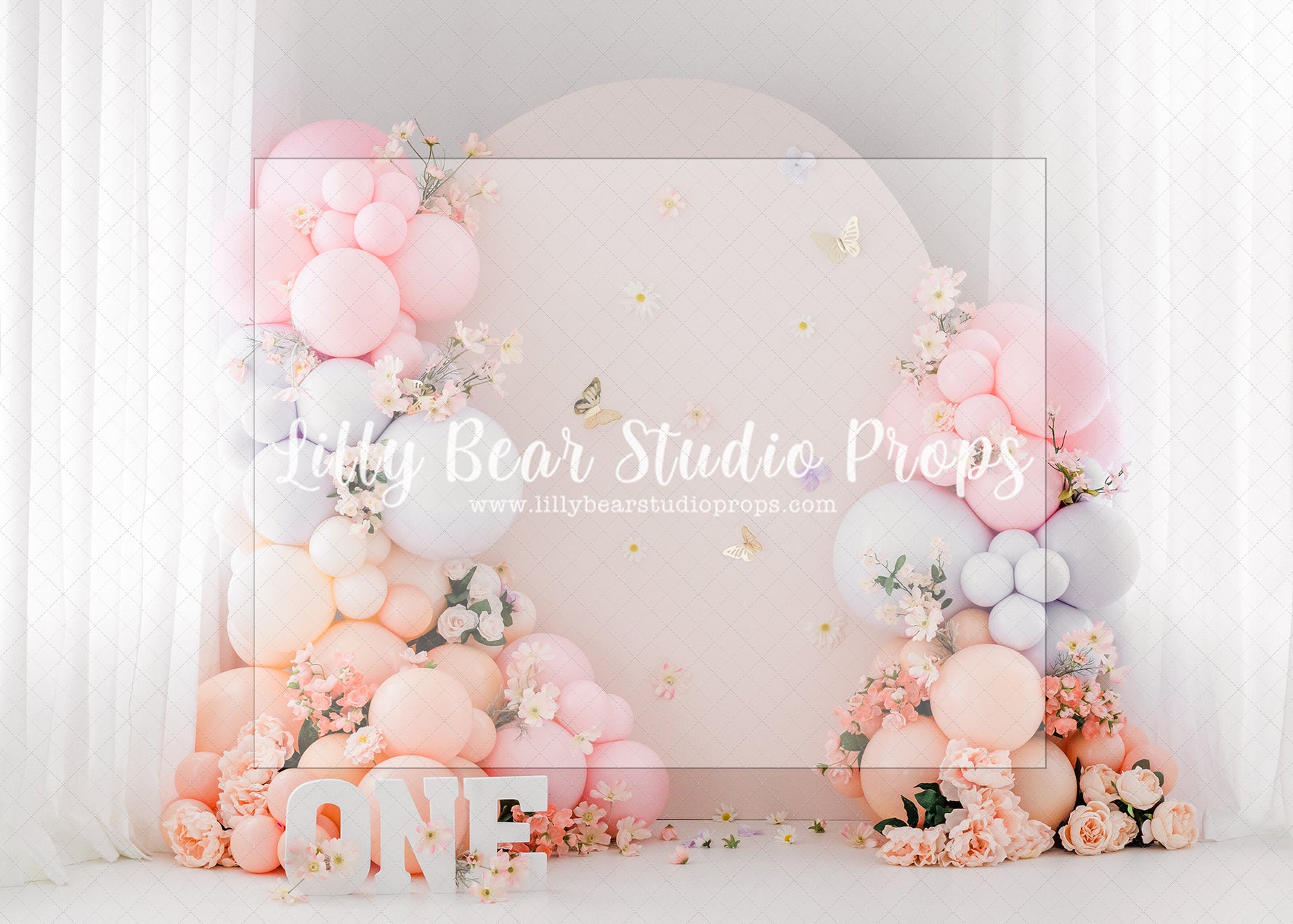 Fluttering Balloons - Lilly Bear Studio Props, ballet, balloons, butterfly, butterfly balloons, butterfly flowers, canopy, FABRICS, floral, flowers, girl flowers, one, peonies, pink, pink balloons, pink canopy, pink floral, pink girl, purple balloons, white balloons
