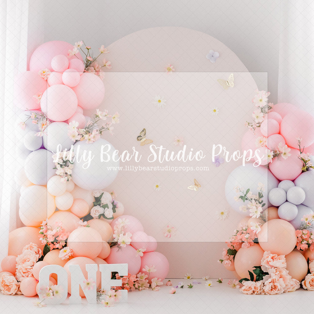 Fluttering Balloons - Lilly Bear Studio Props, ballet, balloons, butterfly, butterfly balloons, butterfly flowers, canopy, FABRICS, floral, flowers, girl flowers, one, peonies, pink, pink balloons, pink canopy, pink floral, pink girl, purple balloons, white balloons
