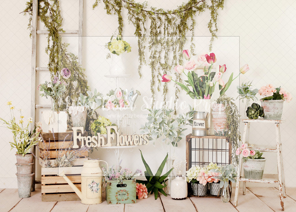 Fresh Flower Corner - Lilly Bear Studio Props, boho spring, FABRICS, flower barn doors, flower garden, flower ladder, flower stand, fresh flowers, garden, spanish moss, spring, spring garden, spring mini, spring time, springtime, sprintime, tulips, watering can