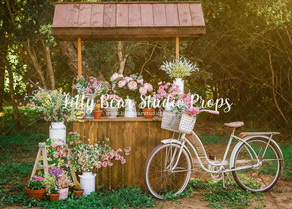 Fresh Flower Stand - Lilly Bear Studio Props, bicycle, blooming flowers, blue flower, blue flowers, bright flowers, flower, flower balloons, flower market, flower shop, flower stand, fresh flowers, fresh fruit, fruit market, little flower shop, pink balloons, summer, summertime, white picket fence