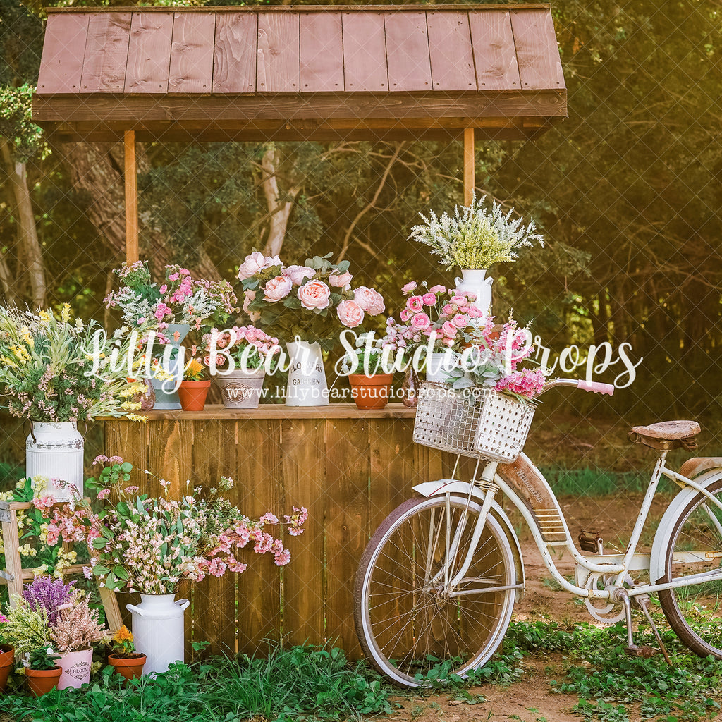 Fresh Flower Stand - Lilly Bear Studio Props, bicycle, blooming flowers, blue flower, blue flowers, bright flowers, flower, flower balloons, flower market, flower shop, flower stand, fresh flowers, fresh fruit, fruit market, little flower shop, pink balloons, summer, summertime, white picket fence