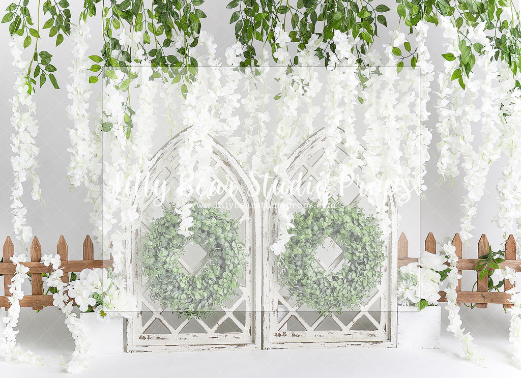Fresh Spring Arches - Lilly Bear Studio Props, boho spring, floral, picket fence, spring, spring archway, spring ballroom, spring barn, spring wreath, white, white arches, white floral, wisteria