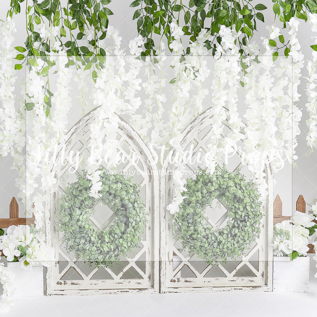 Fresh Spring Arches - Lilly Bear Studio Props, boho spring, floral, picket fence, spring, spring archway, spring ballroom, spring barn, spring wreath, white, white arches, white floral, wisteria