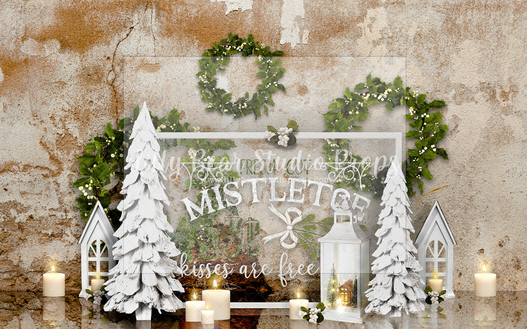 Frosted Fresh Cut Mistletoe - Lilly Bear Studio Props, boho christmas fireplace, candles, candy cane, christmas, christmas fireplace, christmas snow, christmas train, christmas tree farm, Cozy, Decorated, Fabric, FABRICS, Festive, fireplace, gingerbread, gingerbread house, Giving, Holiday, Holy, Hopeful, joy wreath, Joyful, lollipop, lollipops, Merry, Peaceful, Peacful, Red & Green, santa, santa candy cane, Seasonal, train tracks, tree farm, white fireplace, winter, wreath, Xmas, Yuletide