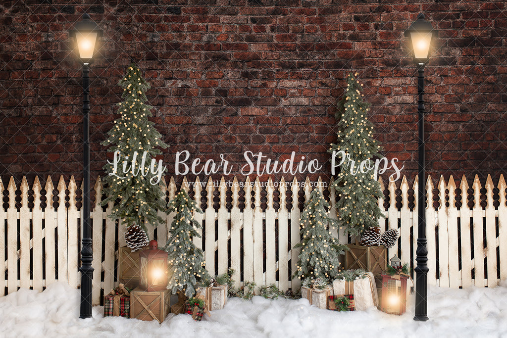 Frosty Holiday Fence - Lilly Bear Studio Props, brick christmas, christmas, holiday, lanters, picket fence, pine trees, white picket fence, winter