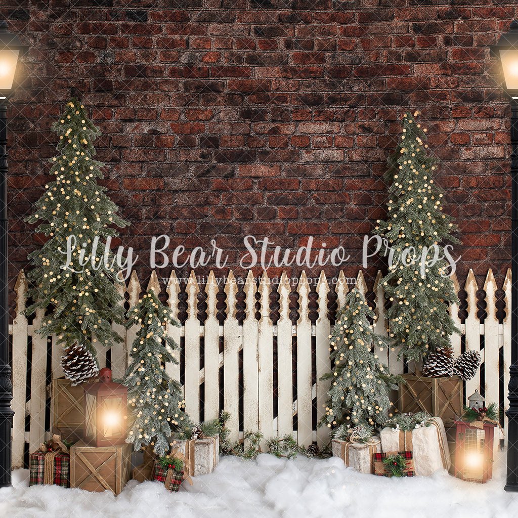 Frosty Holiday Fence - Lilly Bear Studio Props, brick christmas, christmas, holiday, lanters, picket fence, pine trees, white picket fence, winter