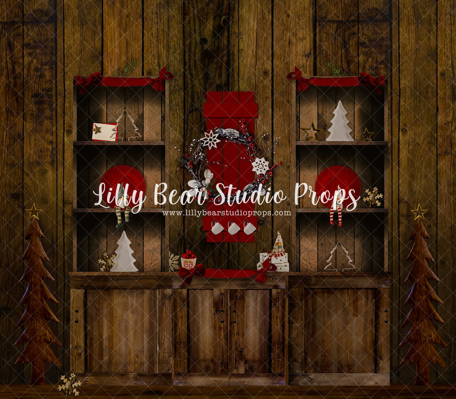 Gnome Christmas Kitchen - Lilly Bear Studio Props, camper, candles, christmas, christmas kitchen, christmas snow, christmas window, Fabric, FABRICS, kitchen, red curtains, tree farm, winter, wreath