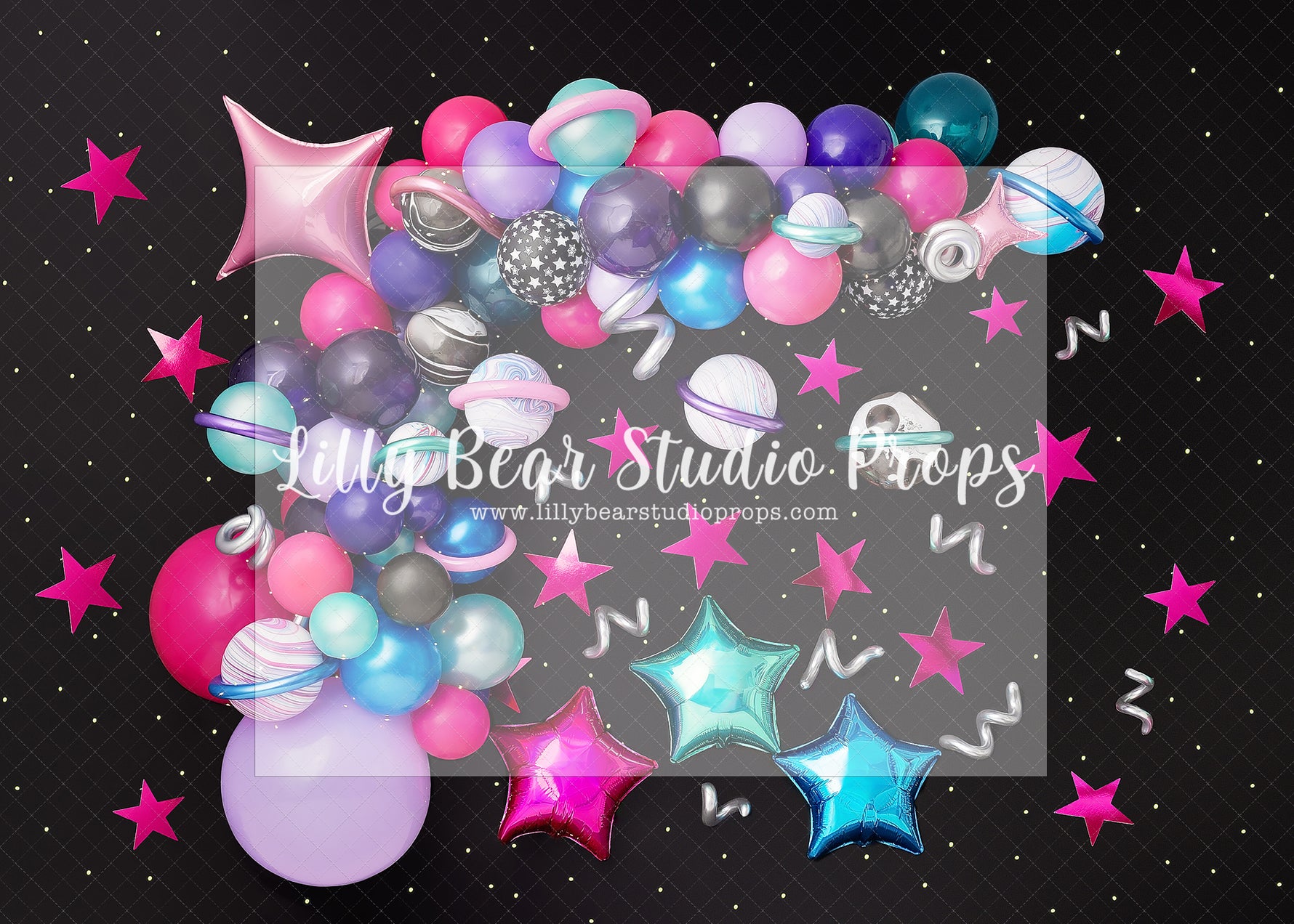 Galactic Party - Lilly Bear Studio Props, Fabric, galaxy, galaxy space, outerspace, space, space and stars, space balloon garland, Wrinkle Free Fabric