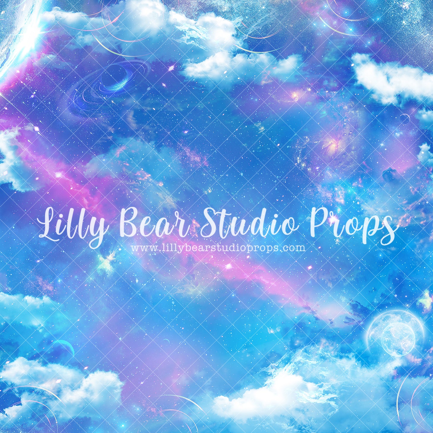 Galaxy Clouds - Lilly Bear Studio Props, 60', abstract floral, artistic floral, blue, blue floral, clouds, colorful, colorful floral, colourful rainbow, colours of the rainbow, cool, dude, fabric, floral, galaxy space, girls, green, green and blue, heart, hip, hippie, moon, painted rainbow, pastel, pink, poly, rainbow, space, stars, tie dye, vinyl, Wrinkle Free Fabric