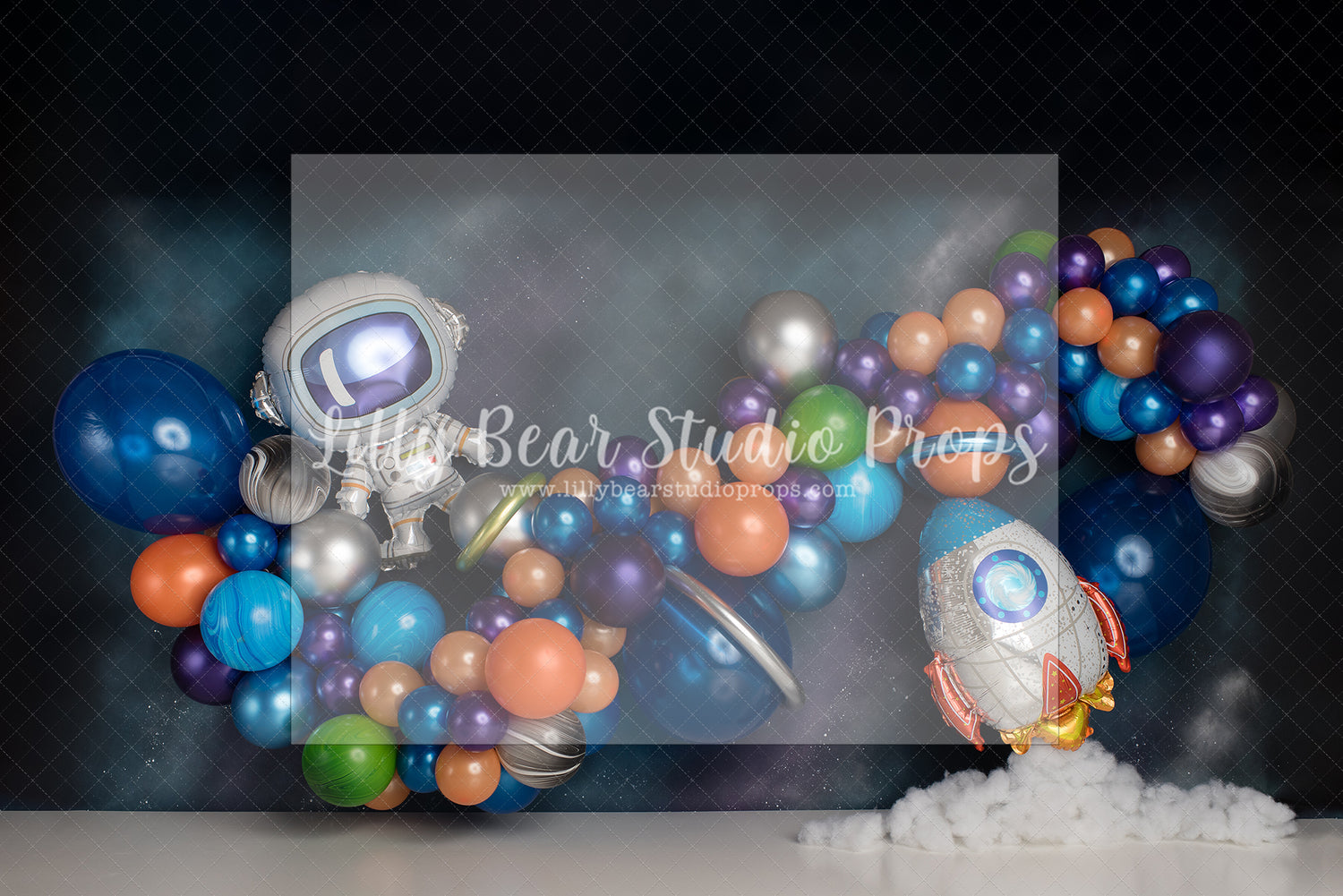 Galaxy Colour Space Man by E Newton - Lilly Bear Studio Props, astro, astronaut, galaxy, galaxy sky, galaxy space, metalic balloons, metalic blue, outerspace, rocket ship, rocketship, space, space and stars, space balloon garland, spacecraft, spaceship