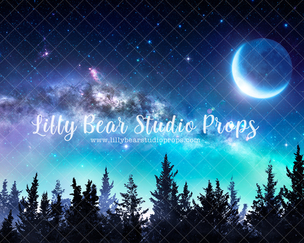 Galaxy Forest - Lilly Bear Studio Props, artistic floral, blue, clouds, colorful, cool, dude, fabric, floral, forest, forest silohette, forest silohuette, galaxy space, green, green and blue, moon, night forest, pine tree, pine tree forest, pine tree froest, pine trees, pink, poly, rainbow, silloutee, space, stars, tie dye, vinyl, Wrinkle Free Fabric
