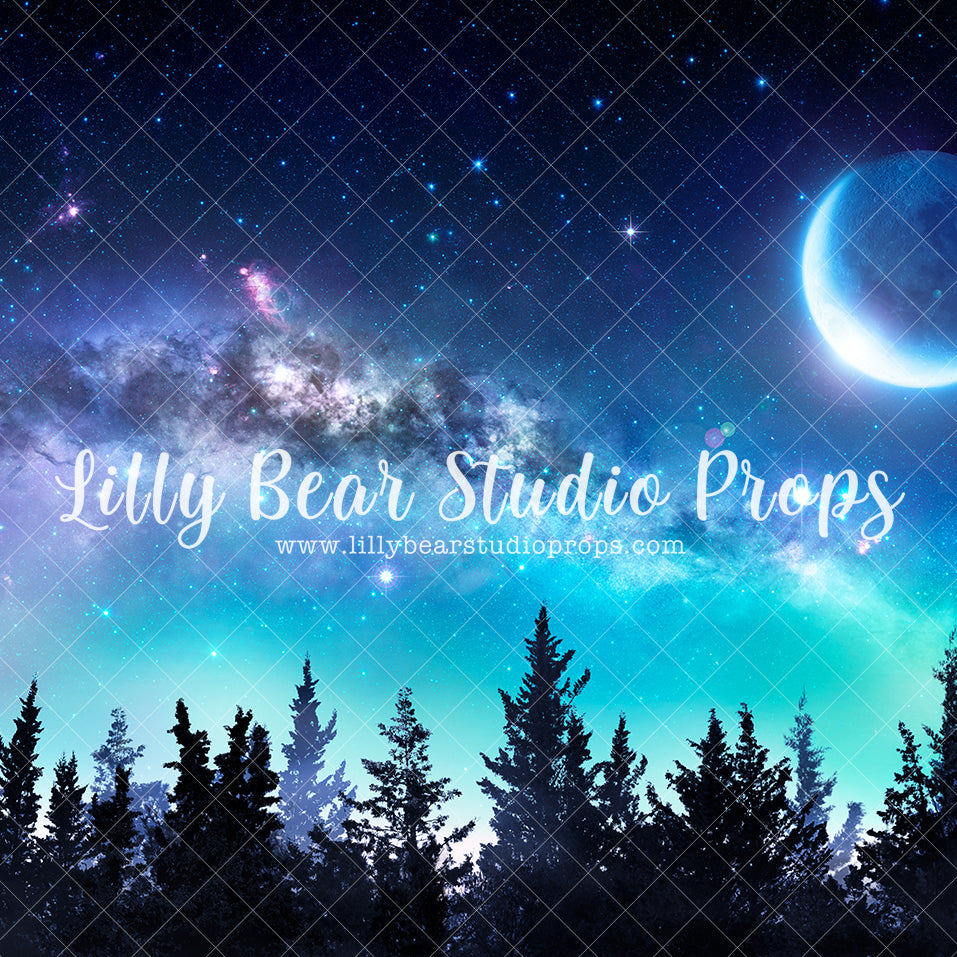 Galaxy Forest - Lilly Bear Studio Props, artistic floral, blue, clouds, colorful, cool, dude, fabric, floral, forest, forest silohette, forest silohuette, galaxy space, green, green and blue, moon, night forest, pine tree, pine tree forest, pine tree froest, pine trees, pink, poly, rainbow, silloutee, space, stars, tie dye, vinyl, Wrinkle Free Fabric