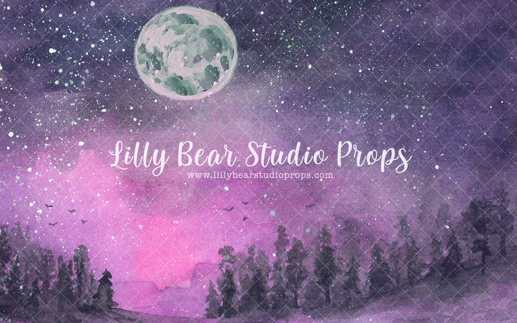 Galaxy Watercolor Forest - Lilly Bear Studio Props, artistic floral, blue, clouds, colorful, cool, dude, fabric, floral, forest, forest silohette, forest silohuette, galaxy space, green, green and blue, moon, night forest, pine tree, pine tree forest, pine tree froest, pine trees, pink, poly, purple watercolour, rainbow, silloutee, space, stars, tie dye, vinyl, watercolor, watercolor forest, watercolour, watercolour forest, Wrinkle Free Fabric