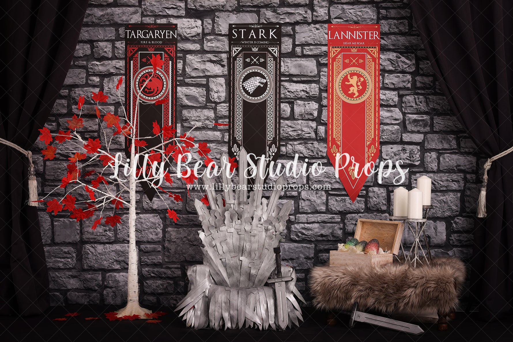Iron Throne - Lilly Bear Studio Props, candles, castle, cobblestone, curtains, dragon, dragon eggs, FABRICS, fur, game of thrones, GOT, iron throne, lannister, stark, sword throne, swords, targaryan, throne, weirwood tree