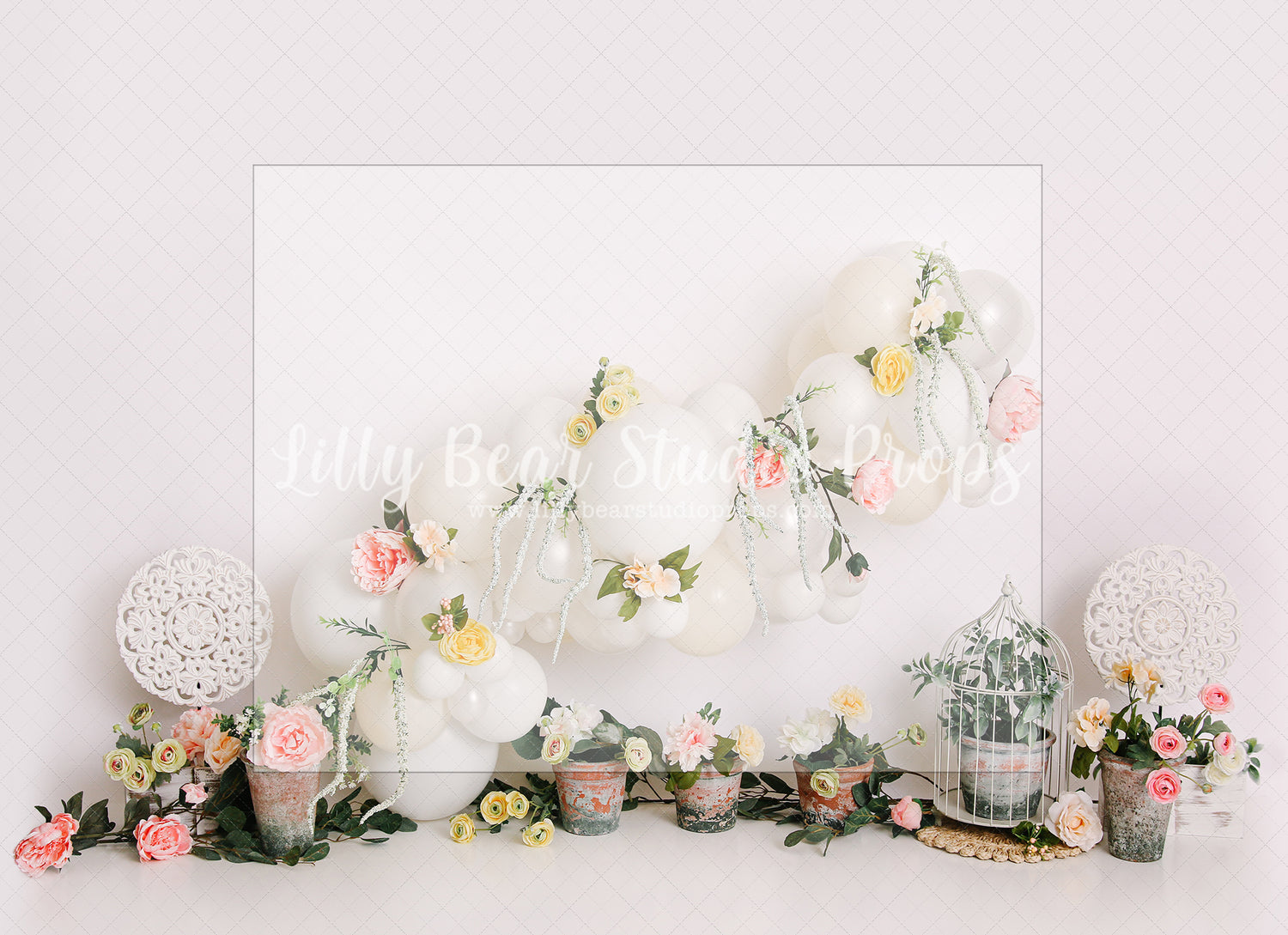 Garden Bloom Balloon Garland - Lilly Bear Studio Props, FABRICS, flower barn doors, flower garden, flower ladder, flower stand, fresh flowers, garden, neutral balloon garland, neutral florals, spanish moss, spring, spring balloons, spring garden, spring mini, spring time, springtime, sprintime, tulips, watering can
