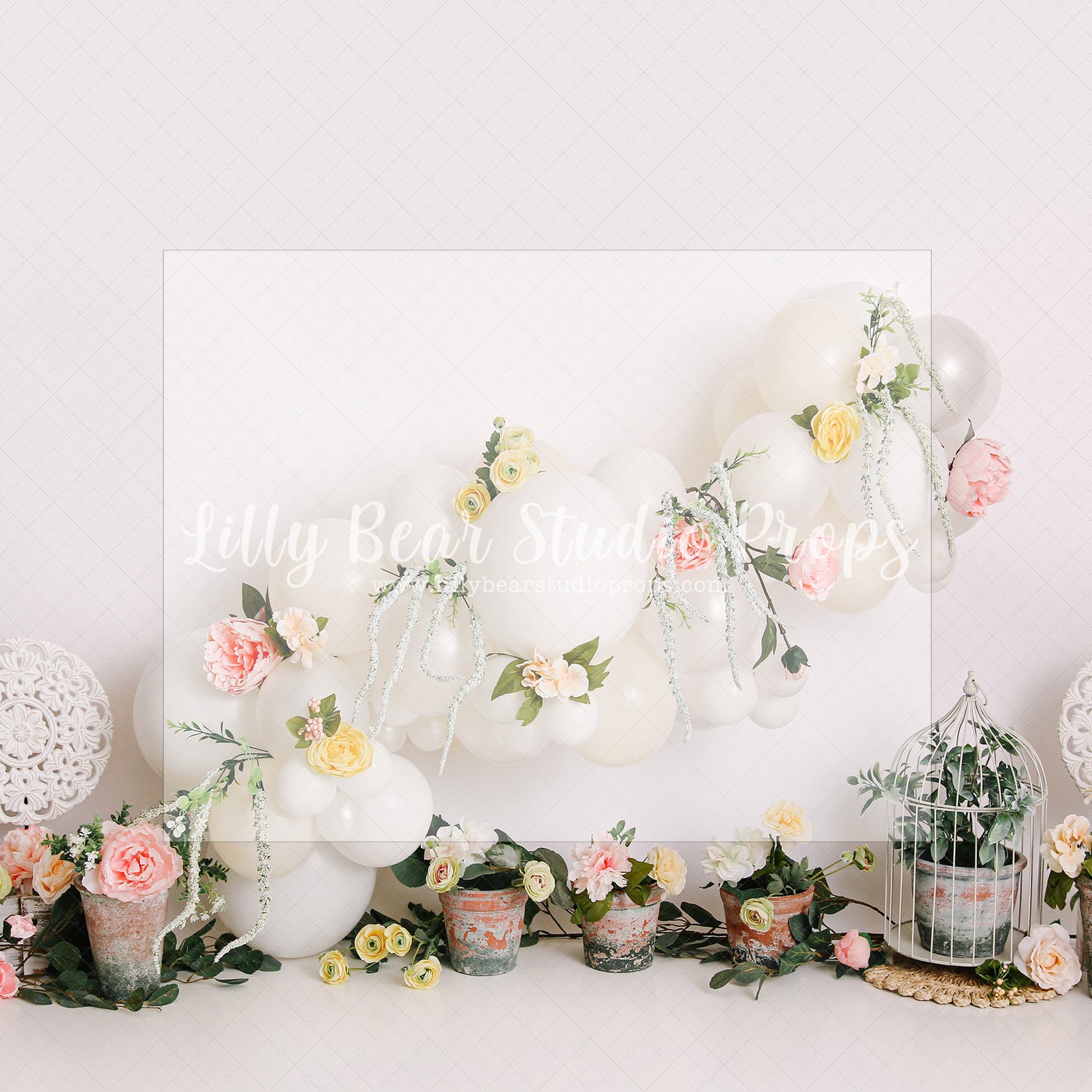 Garden Bloom Balloon Garland - Lilly Bear Studio Props, FABRICS, flower barn doors, flower garden, flower ladder, flower stand, fresh flowers, garden, neutral balloon garland, neutral florals, spanish moss, spring, spring balloons, spring garden, spring mini, spring time, springtime, sprintime, tulips, watering can