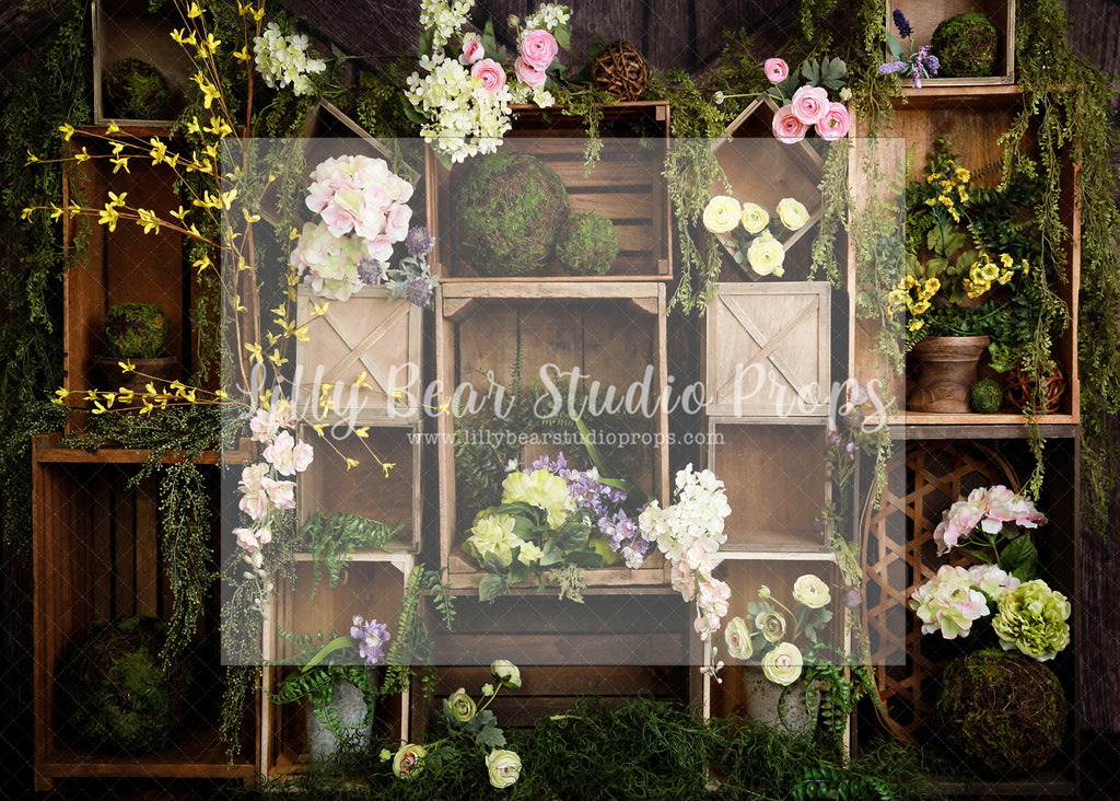 Garden Box Wall Springtime Flowers - Lilly Bear Studio Props, boho spring, FABRICS, flower barn doors, flower garden, flower ladder, flower stand, fresh flowers, garden, spanish moss, spring, spring garden, spring mini, spring time, springtime, sprintime, tulips, watering can