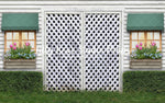 Garden Shed - Box wood - Lilly Bear Studio Props, awning, awnings, barn doors, barndoors, boxwood bush, bush, bushes, door, door wall, doors, doorway, exposed brick, FABRICS, floral garden, flower garden, garden, garden entry, garden shed, garden tea party, girls, grass, pink flowers, primary doors, rustic door, shed, spring, spring garden, spring window, springtime, trellis, trellis door, trellis doors, tulip, tulips, white barn, white doors, white siding, white wood, white wood siding, window, wood doors