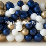 Gerry Balloon Wall - Lilly Bear Studio Props, balloon, balloon garland, balloon wall, blue, blue balloon garland, blue balloons, cake smash, FABRICS, gold balloons, navy and gold, navy and gold balloons, navy and white, navy balloons, white and gold, white and gold balloon wall, white and gold balloons, white balloon wall, white balloons, white navy and gold, white navy and gold balloon wall