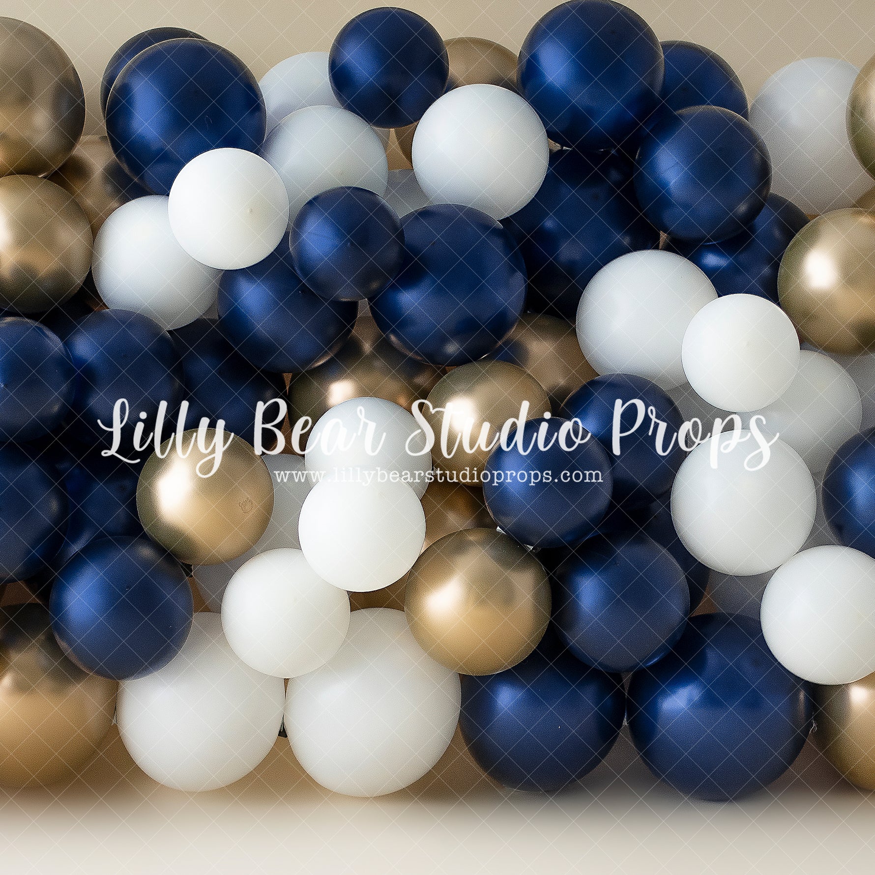 Gerry Balloon Wall - Lilly Bear Studio Props, balloon, balloon garland, balloon wall, blue, blue balloon garland, blue balloons, cake smash, FABRICS, gold balloons, navy and gold, navy and gold balloons, navy and white, navy balloons, white and gold, white and gold balloon wall, white and gold balloons, white balloon wall, white balloons, white navy and gold, white navy and gold balloon wall
