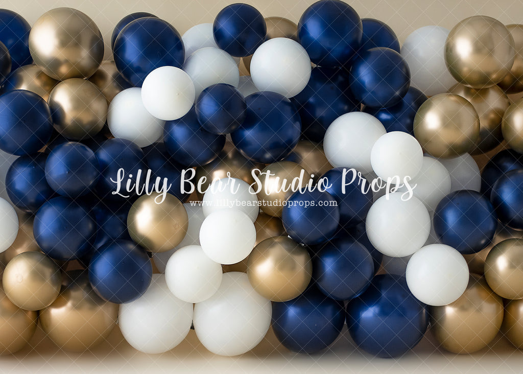 Gerry Balloon Wall - Lilly Bear Studio Props, balloon, balloon garland, balloon wall, blue, blue balloon garland, blue balloons, cake smash, FABRICS, gold balloons, navy and gold, navy and gold balloons, navy and white, navy balloons, white and gold, white and gold balloon wall, white and gold balloons, white balloon wall, white balloons, white navy and gold, white navy and gold balloon wall