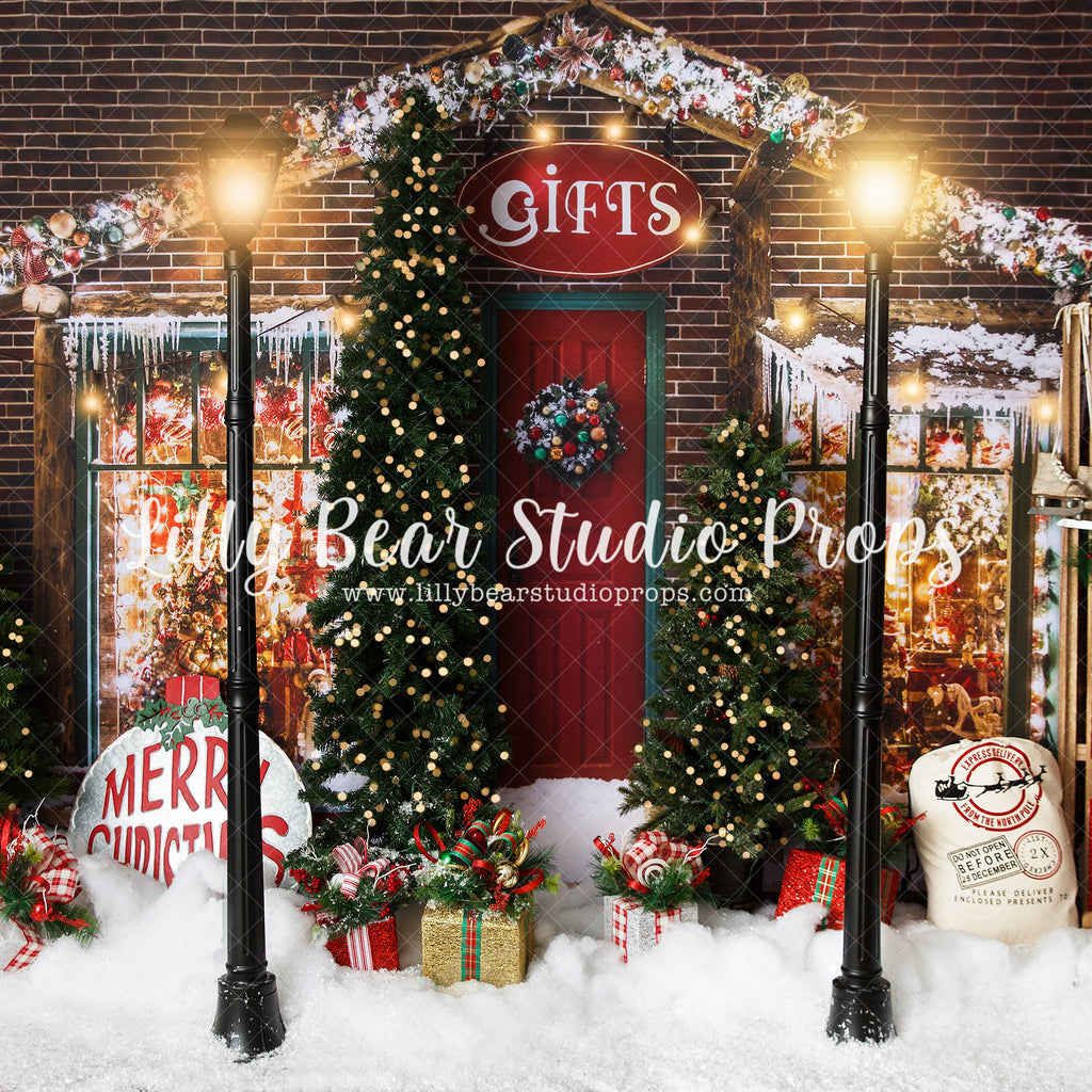 Gift Chalet - Lilly Bear Studio Props, christmas gifts, christmas presents, christmas store, christmas tree, gifts, holiday store, lanterns, light posts, merry christmas, presents, santa presents, santa store, winter