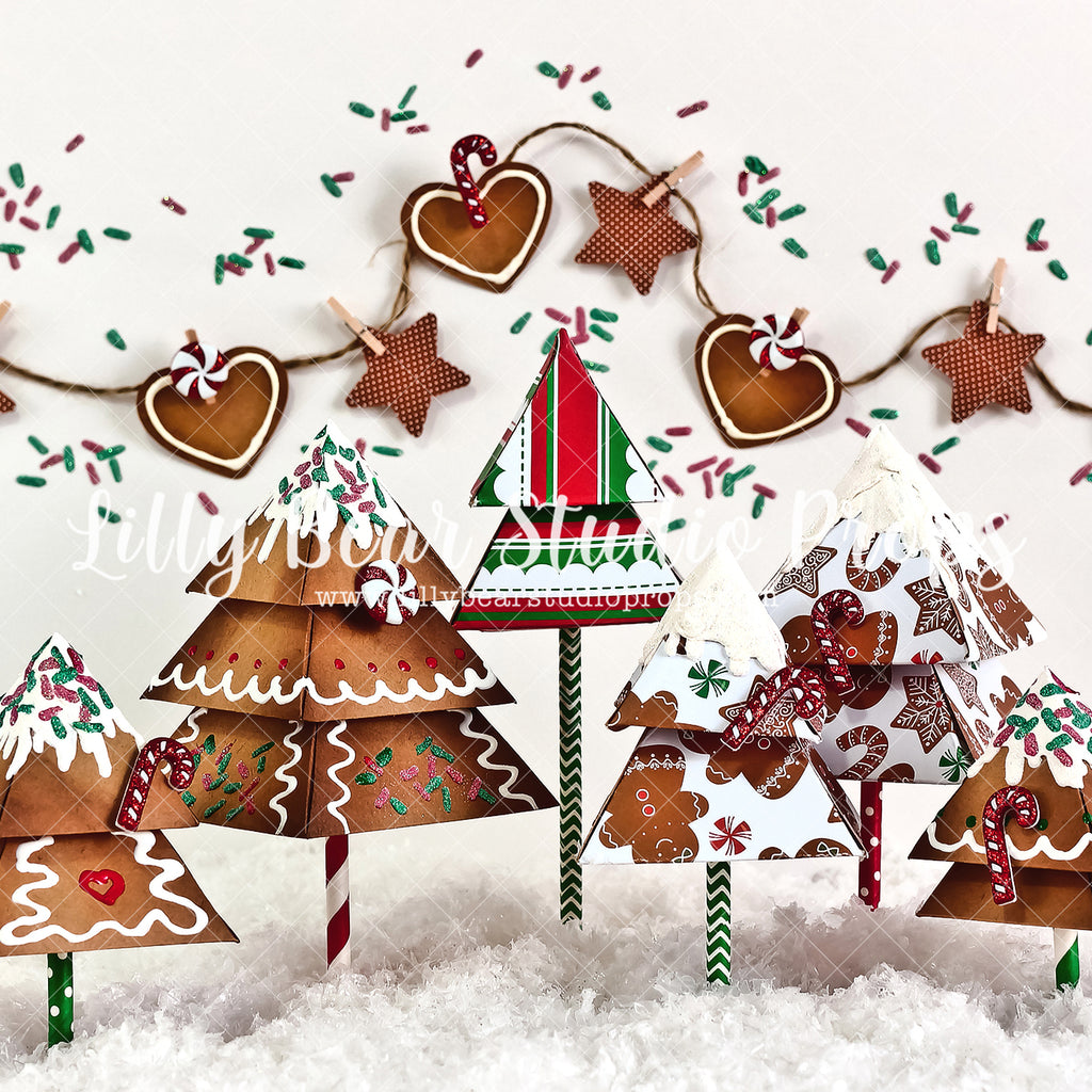 Gingerbread Paper Trees - Lilly Bear Studio Props, camper, candles, christmas, christmas kitchen, christmas window, Fabric, FABRICS, kitchen, red curtains, tree farm, winter, wreath