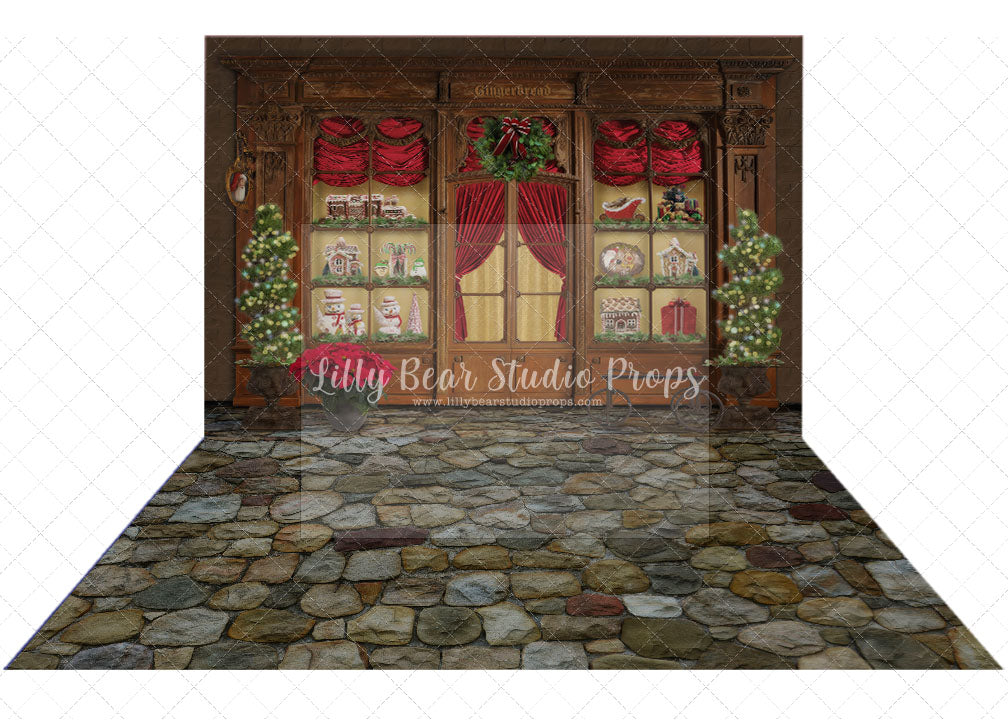 Gingerbread Store Combo - Lilly Bear Studio Props, black fireplace, bohemian christmas, bohemian fireplace, bohemian mantel, boho, boho christmas, boho holiday, boho mantel, christmas, christmas mantel, christmas village, evergreen trees, evergreens, Fabric, fireplace, holiday, holiday christmas, mantel, Pampas, pine trees, white christmas, white holiday, Wrinkle Free Fabric
