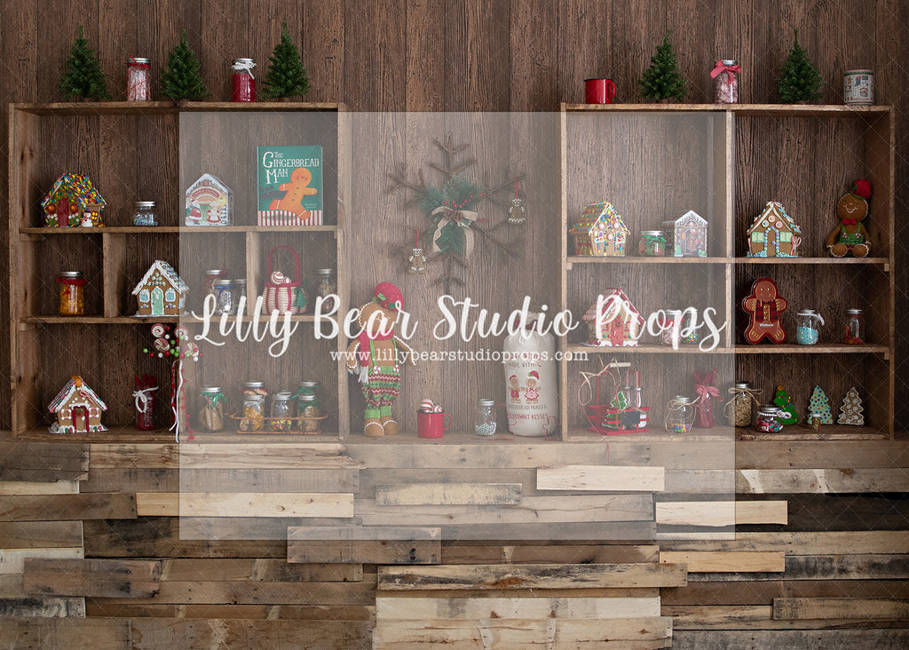 Gingerbread Toy Shelf - Lilly Bear Studio Props, christmas, Cozy, Decorated, Festive, Giving, Holiday, Holy, Hopeful, Joyful, Merry, Peaceful, Peacful, Red & Green, Seasonal, Winter, Xmas, Yuletide