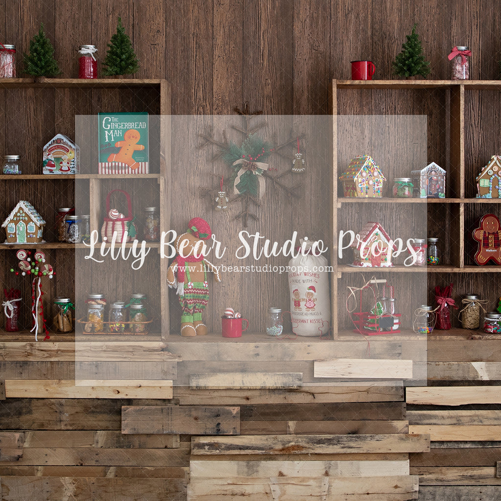 Gingerbread Toy Shelf - Lilly Bear Studio Props, christmas, Cozy, Decorated, Festive, Giving, Holiday, Holy, Hopeful, Joyful, Merry, Peaceful, Peacful, Red & Green, Seasonal, Winter, Xmas, Yuletide