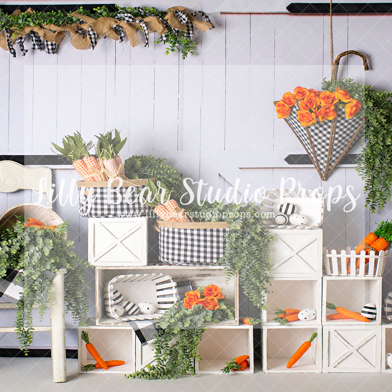 Gingham Spring - Lilly Bear Studio Props, bunny garden, bunny one, bunny trail, carrot, carrot garden, carrots, easter bunny, FABRICS, flower barn doors, flower garden, some bunny is one, some bunny's one, spring, spring garden, white barn, white barn wood