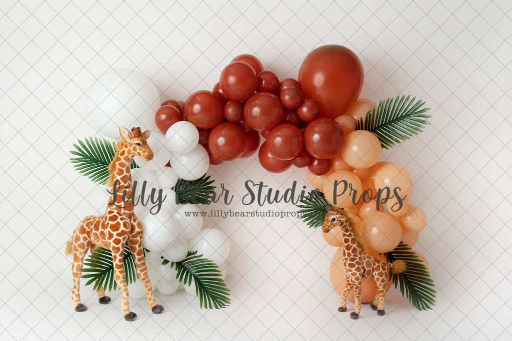 Giraffe Party - Lilly Bear Studio Props, aftrican lion safari, balloon and leaves, balloon garland, dino, elephant, elephant jungle, elephants, giraffe, jungle, jungle safari party, lion, safari, safari jeep, tiger, wild jungle, wild little one, wild one