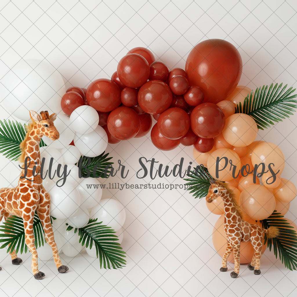 Giraffe Party - Lilly Bear Studio Props, aftrican lion safari, balloon and leaves, balloon garland, dino, elephant, elephant jungle, elephants, giraffe, jungle, jungle safari party, lion, safari, safari jeep, tiger, wild jungle, wild little one, wild one