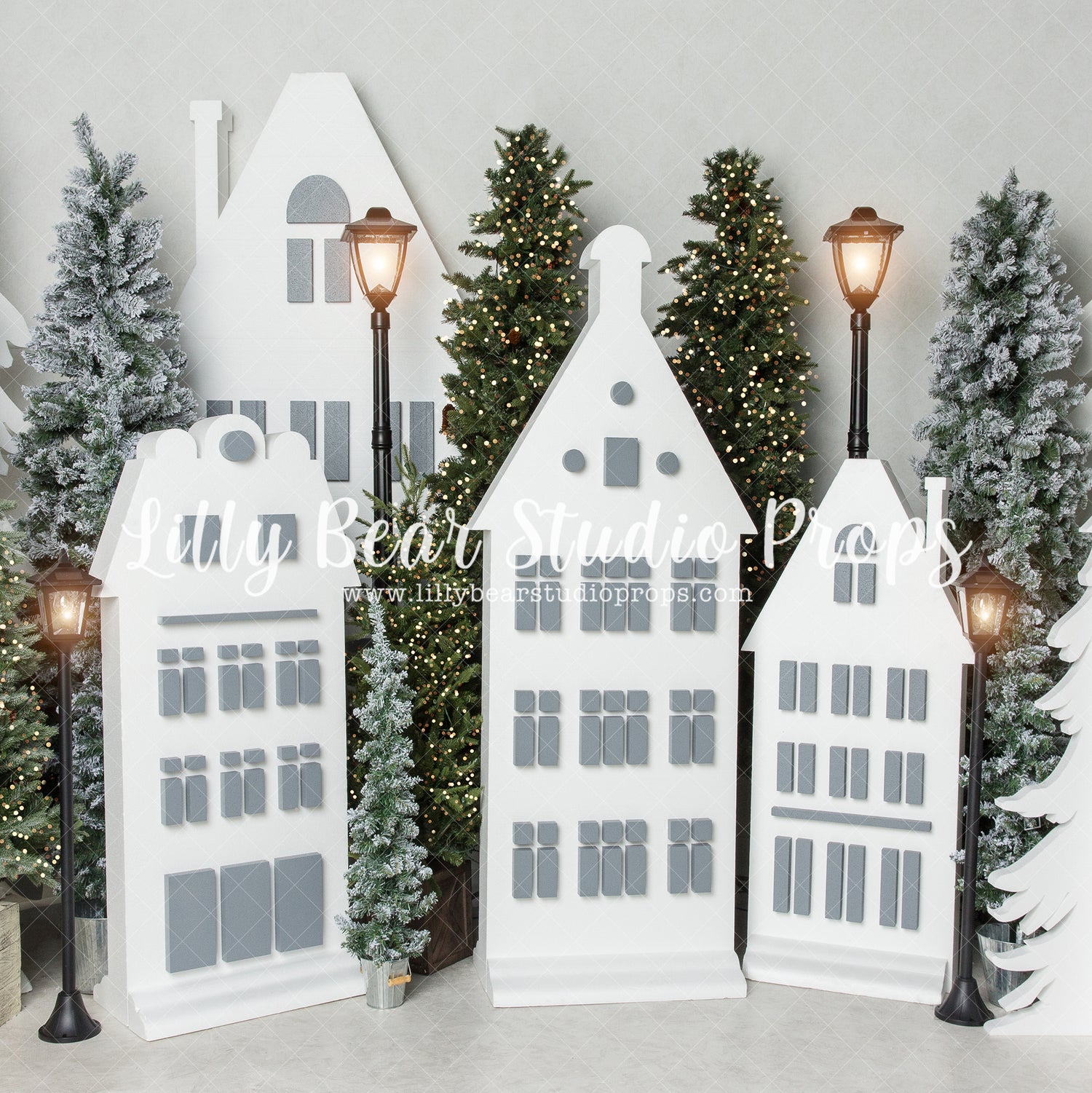 Gleaming North Village - Lilly Bear Studio Props, arctic pines, christmas, christmas pine tree, christmas pine trees, christmas town, christmas village, christmas village pine trees, evergreen trees, evergreens, holiday, holiday christmas, pine tree froest, pine trees, silver winter, snow, snow town, snow village, snowflakes, snowy forest, snowy pine, snowy pine trees, snowy trees, street lanterns, village, white christmas, white holiday, white winter, winter, winter christmas, winter diamond