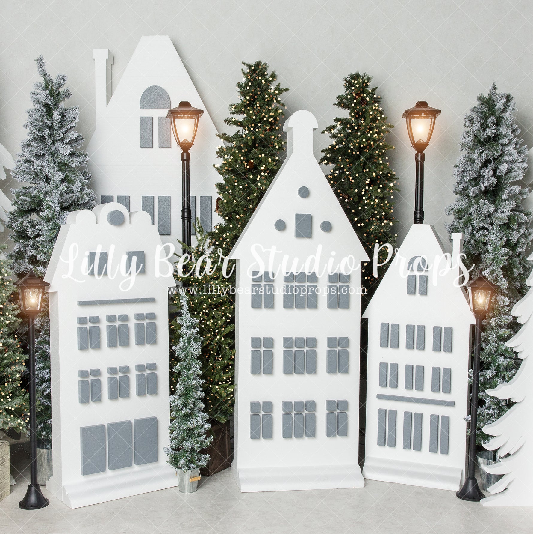 Gleaming North Village - Lilly Bear Studio Props, arctic pines, christmas, christmas pine tree, christmas pine trees, christmas town, christmas village, christmas village pine trees, evergreen trees, evergreens, holiday, holiday christmas, pine tree froest, pine trees, silver winter, snow, snow town, snow village, snowflakes, snowy forest, snowy pine, snowy pine trees, snowy trees, street lanterns, village, white christmas, white holiday, white winter, winter, winter christmas, winter diamond